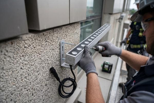 Installer mounting an LED wall washer on a building facade